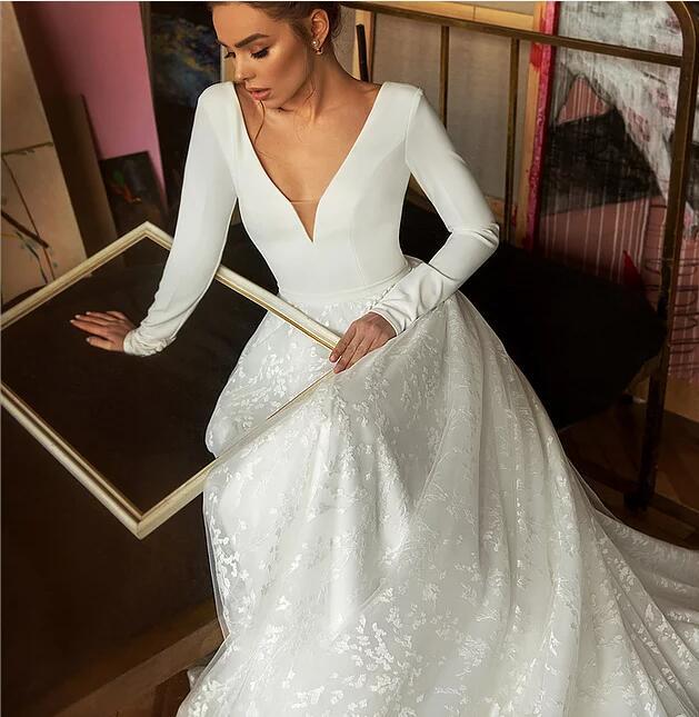 Elegant Long Sleeves A-Line V Neck Beach Lace Wedding Dress, PW434