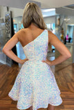White Sequin One-Shoulder A-Line Short Homecoming Dresses, Sparkly Mini Prom Dress GM565