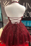 cute halter burgundy lace a line backless homecoming dress