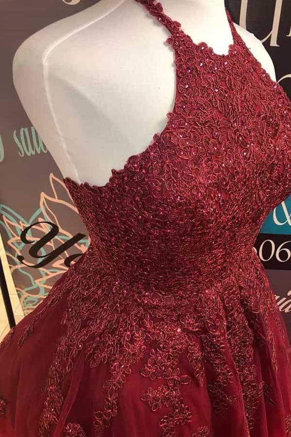 cute halter burgundy lace a line backless homecoming dress