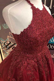 cute halter burgundy lace a line backless homecoming dress