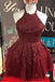 cute halter burgundy lace a line backless homecoming dress