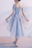 off the shoulder dusty blue high low homecoming dress tulle short prom dress