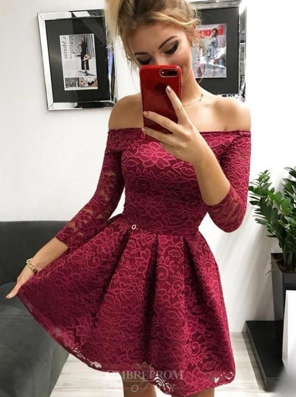 off the shoulder long sleeves burgundy lace homecoming dress