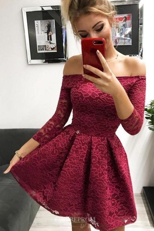 off the shoulder long sleeves burgundy lace homecoming dress