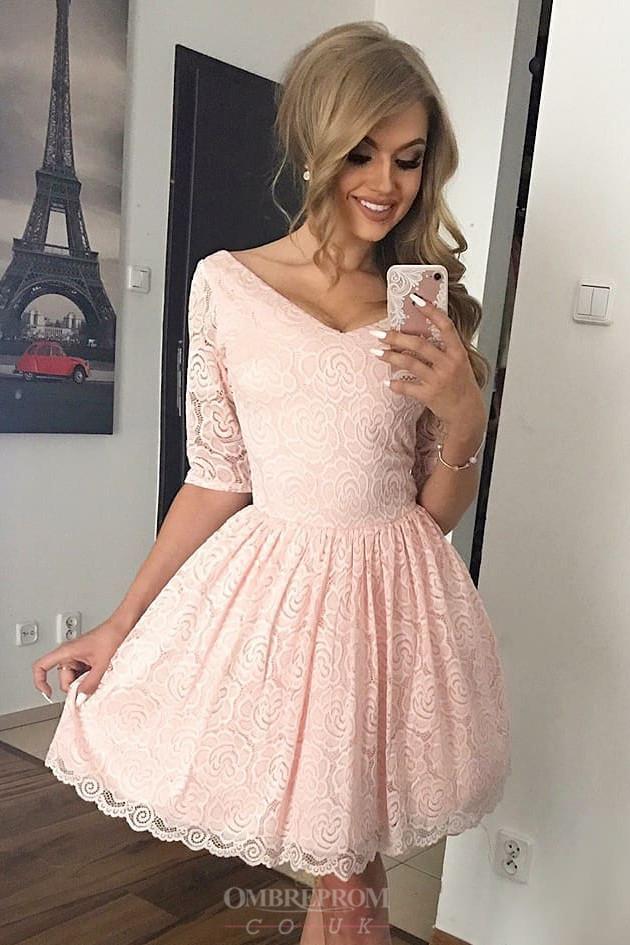 v neck half sleeves lace homecoming dresses pink sweet 16 dresses