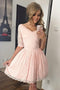 V-neck Half Sleeves Lace Homecoming Dresses Pink Sweet 16 Dresses GM221
