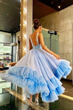 sparkly light blue bateau ball gown short backless prom dress