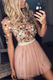Charming Long Sleeves Beaded Appliques Tulle Short Prom Dresses GM224