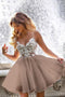 Lace Bodice Spaghetti Straps Homecoming Dress V Neck Mini Party Dress GM453
