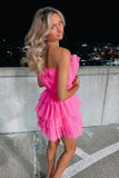 Hot Pink Tiered Tulle A-line Homecoming Dresses, Chic Strapless Short Party Dress GM535