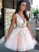 princess v neck pink short prom dresses tulle with applique homecoming dress