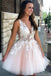 princess v neck pink short prom dresses tulle with applique homecoming dress