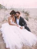 popular a line v neck tulle beach wedding dresses with appliqued