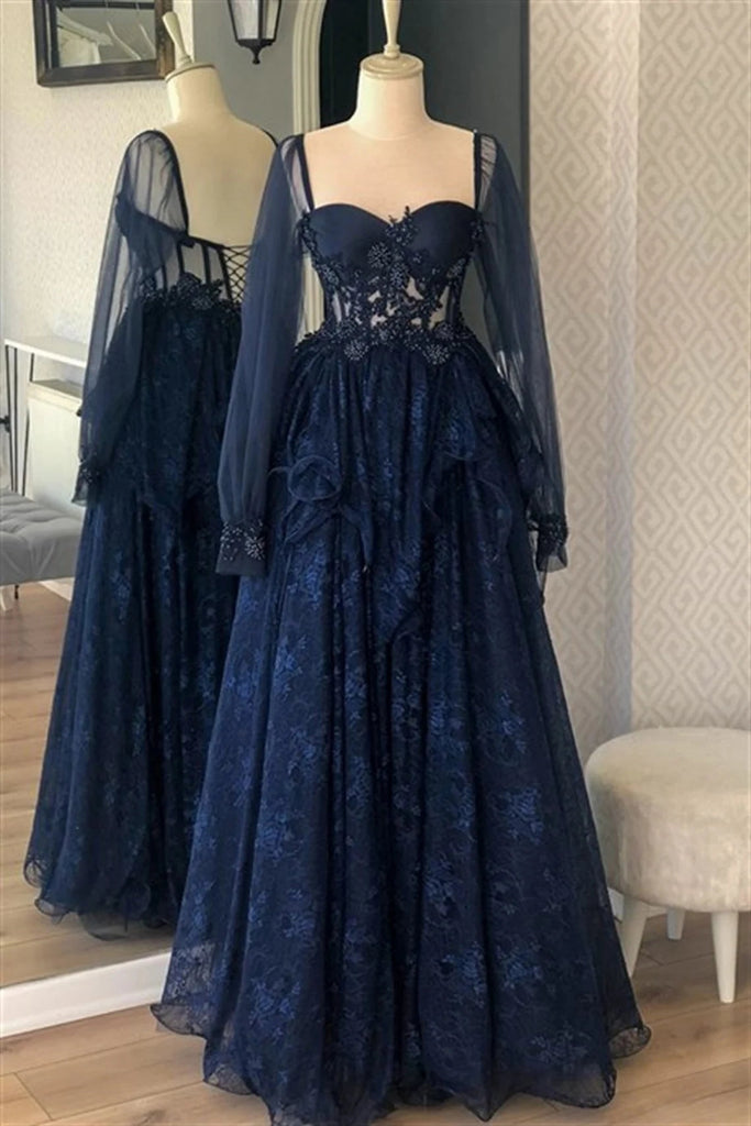 a line lace navy blue prom dresses long sleeves formal evening dresses