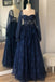 a line lace navy blue prom dresses long sleeves formal evening dresses