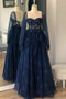 A line Lace Navy Blue Prom Dresses Long Sleeves Formal Evening Dresses GP507