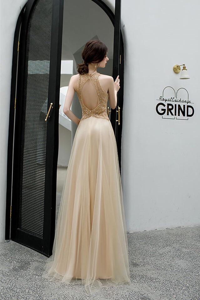 Jewel tulle long prom dresses keyhole evening gown with beaded mg154
