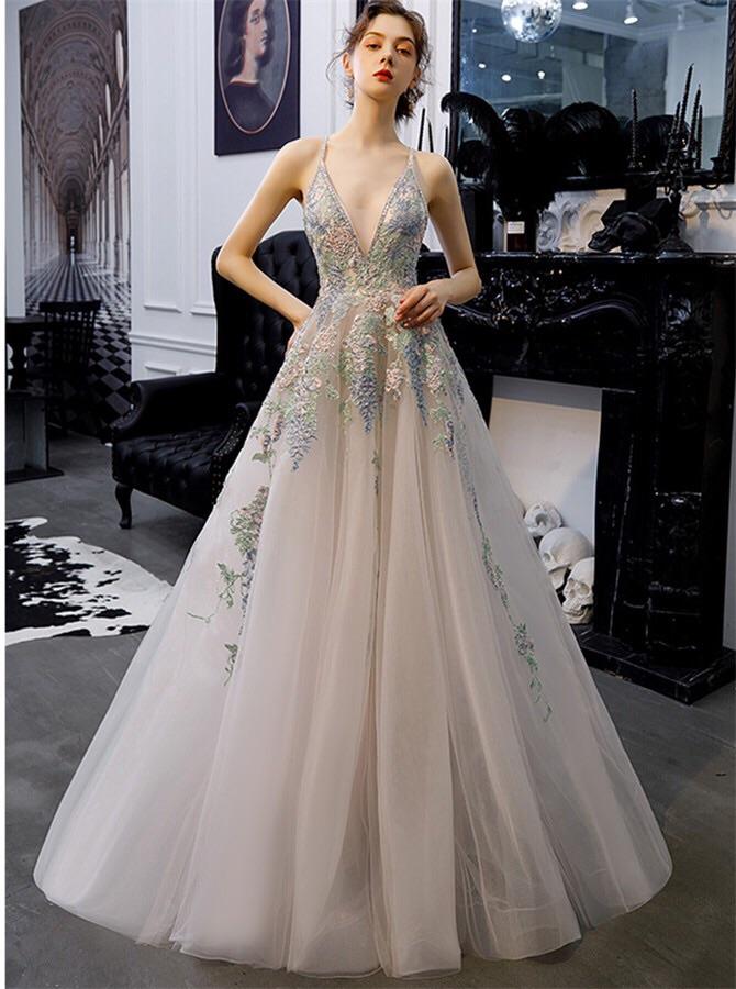 A-line tulle long prom dresses backless evening gown with appliques mg152