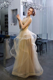 Princess ruffles tulle long prom dresses beaded formal evening gown mg153