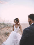 popular a line v neck tulle beach wedding dresses with appliqued