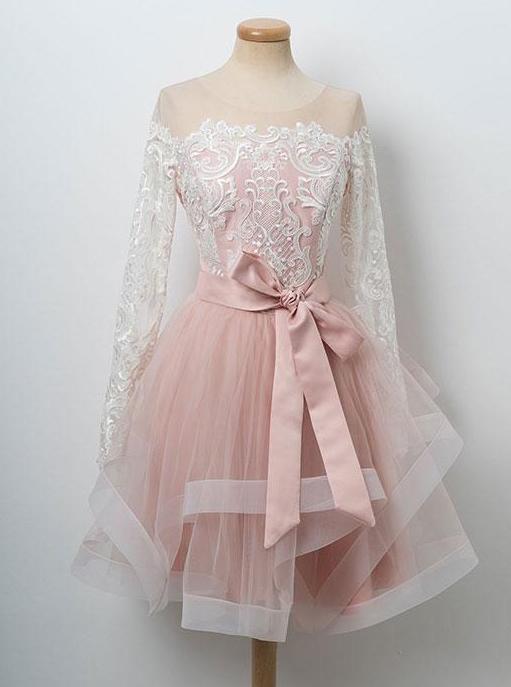pink bowknot sweet 16 dress round neck lace long sleeves tulle short prom dress mp944