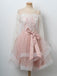 pink bowknot sweet 16 dress round neck lace long sleeves tulle short prom dress
