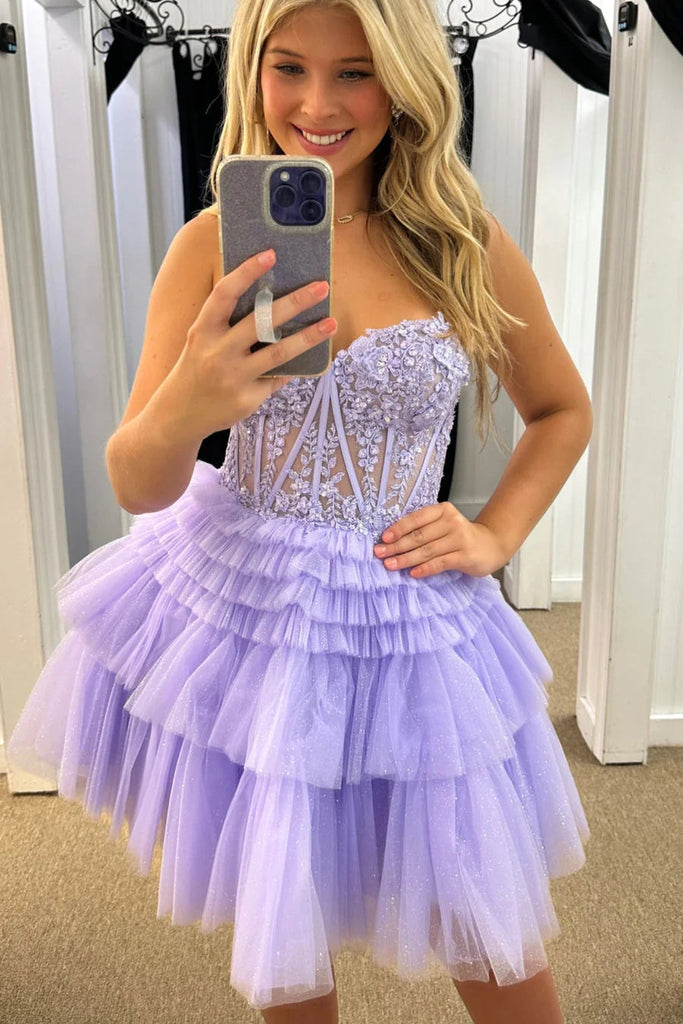 charm a line lace appliques tulle layered homecoming dress lavender short prom gown