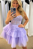 Charm A Line Lace Appliques Tulle Layered Homecoming Dress Lavender Short Prom Gown GM665