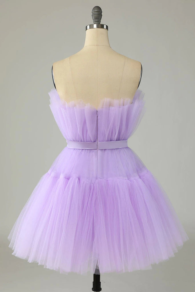 cute lavender strapless tulle lavender homecoming dresses short party dress with bowknot