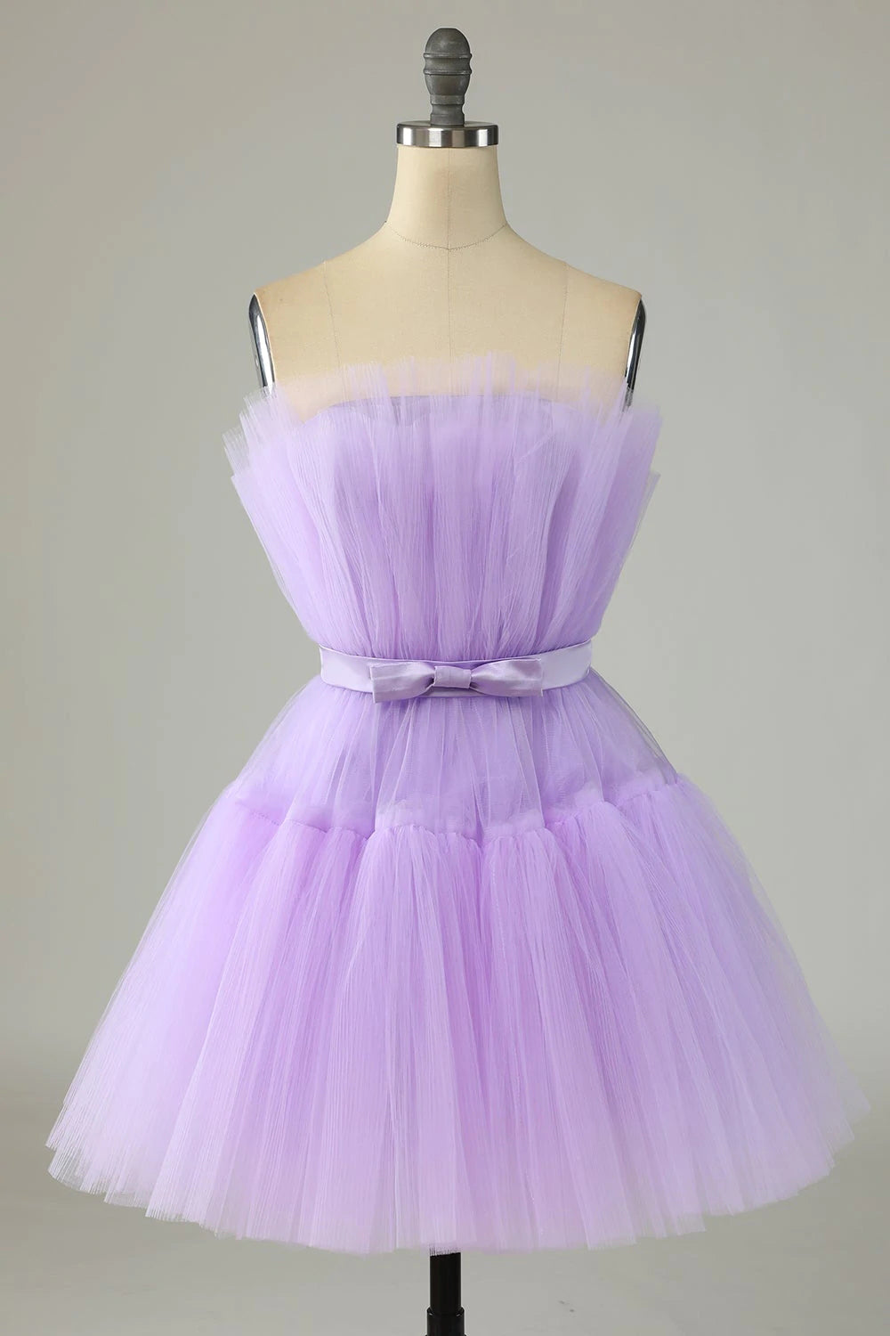 Cute Lavender Strapless Tulle Lavender Homecoming Dresses, Short Party Dress with Bowknot GM519