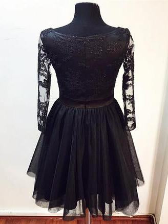 3 4 sleeves v neck little black dress lace tulle homecoming dress