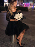 3 4 sleeves v neck little black dress lace tulle homecoming dress