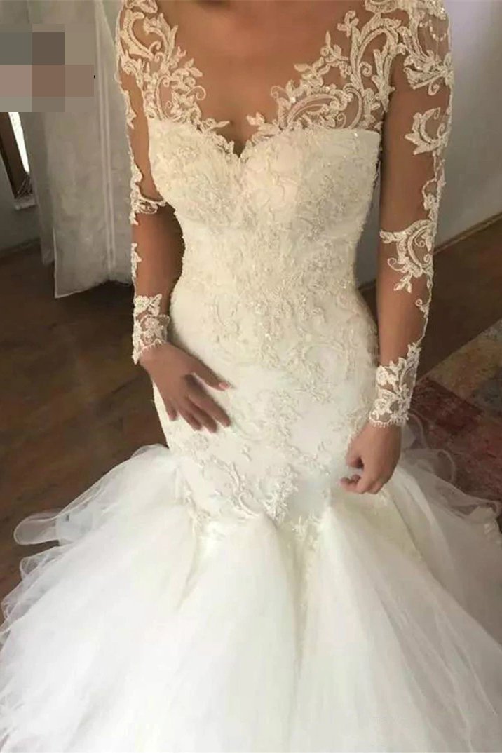 sheer long sleeves mermaid wedding dress v neck tulle bridal dress with appliques
