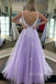 tulle a line v neck lavender prom dresses with lace appliques