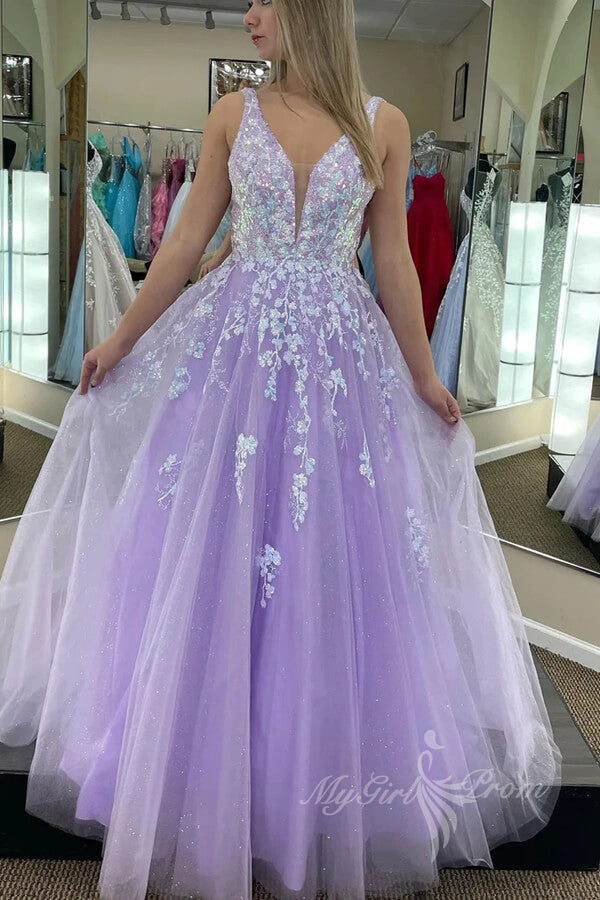 tulle a line v neck lavender prom dresses with lace appliques