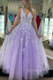 Tulle A-line V-neck Lavender Prom Dresses with Lace Appliques, GP478