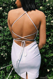 scoop white tight sheath backless homecoming dress with slit