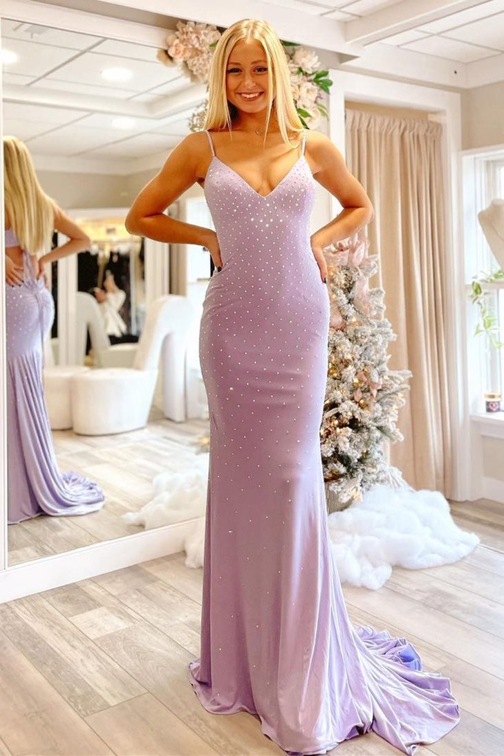 Mermaid Lavender Long Prom Dresses with Beading, Long Evening Gown GP401