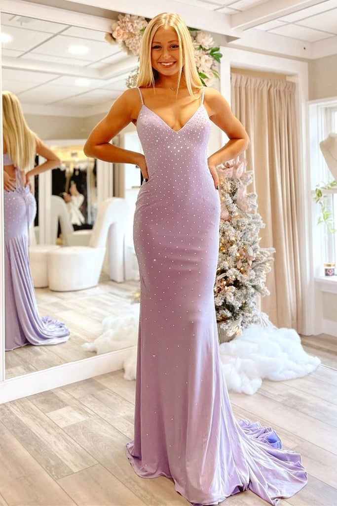 mermaid lavender long prom dresses with beading long evening gown