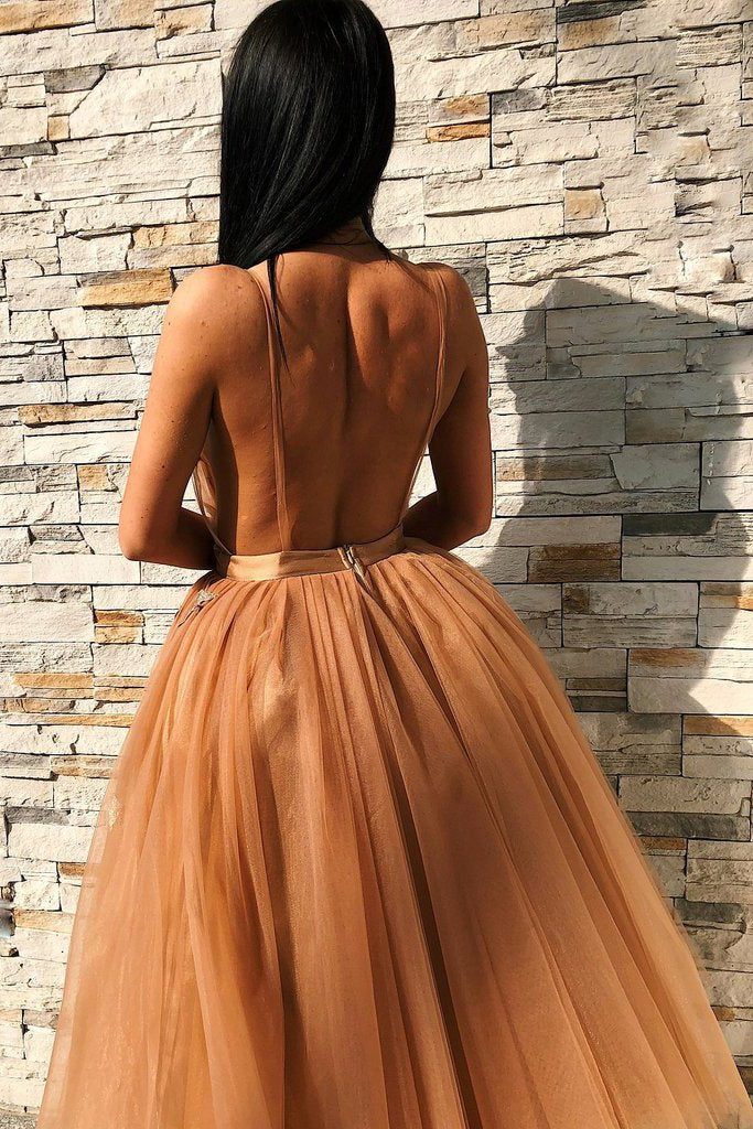 a line v neck appliques tulle prom dresses backless homecoming dress