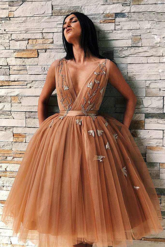 a line v neck appliques tulle prom dresses backless homecoming dress
