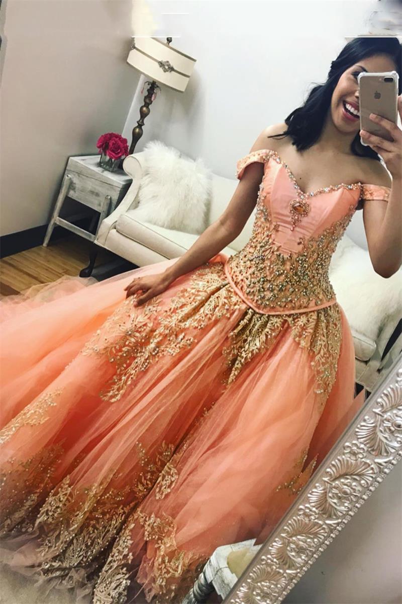 Off-the-Shoulder Beaded Gold Applique Ball Gown Coral Quinceanera Dresses MP274