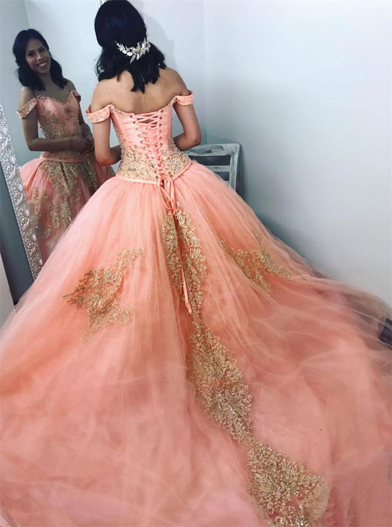 Off-the-Shoulder Beaded Gold Applique Ball Gown Coral Quinceanera Dresses MP274