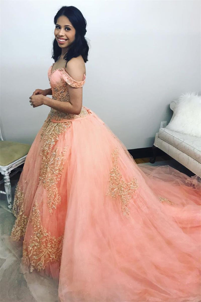 off the shoulder beaded gold applique ball gown coral quinceanera dresses