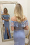 Lace Off-Shoulder Blue Prom Dresses Two Piece Sheath Slit Party Gown MP237