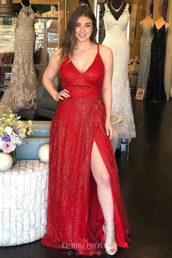 glitter red long prom dresses spaghetti straps v neck slit party dress