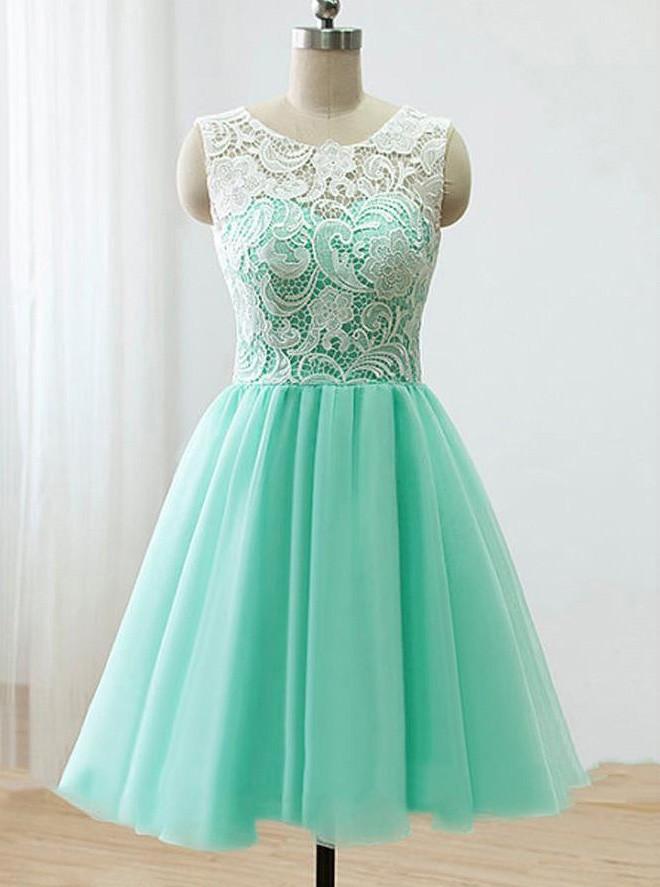 Mint Green Homecoming Dresses Short Junior Bridesmaid Dress With Lace GM186