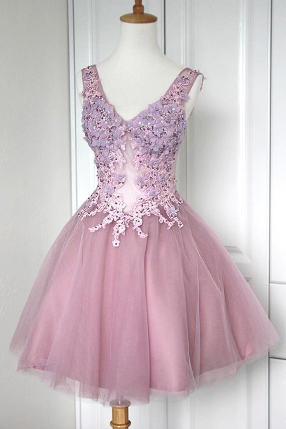 chic a line v neck tulle homecoming dress sweeth 16 dress with appliques