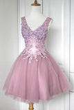Chic A-Line V-neck Tulle Homecoming Dress, Sweeth 16 Dress With Appliques GM188